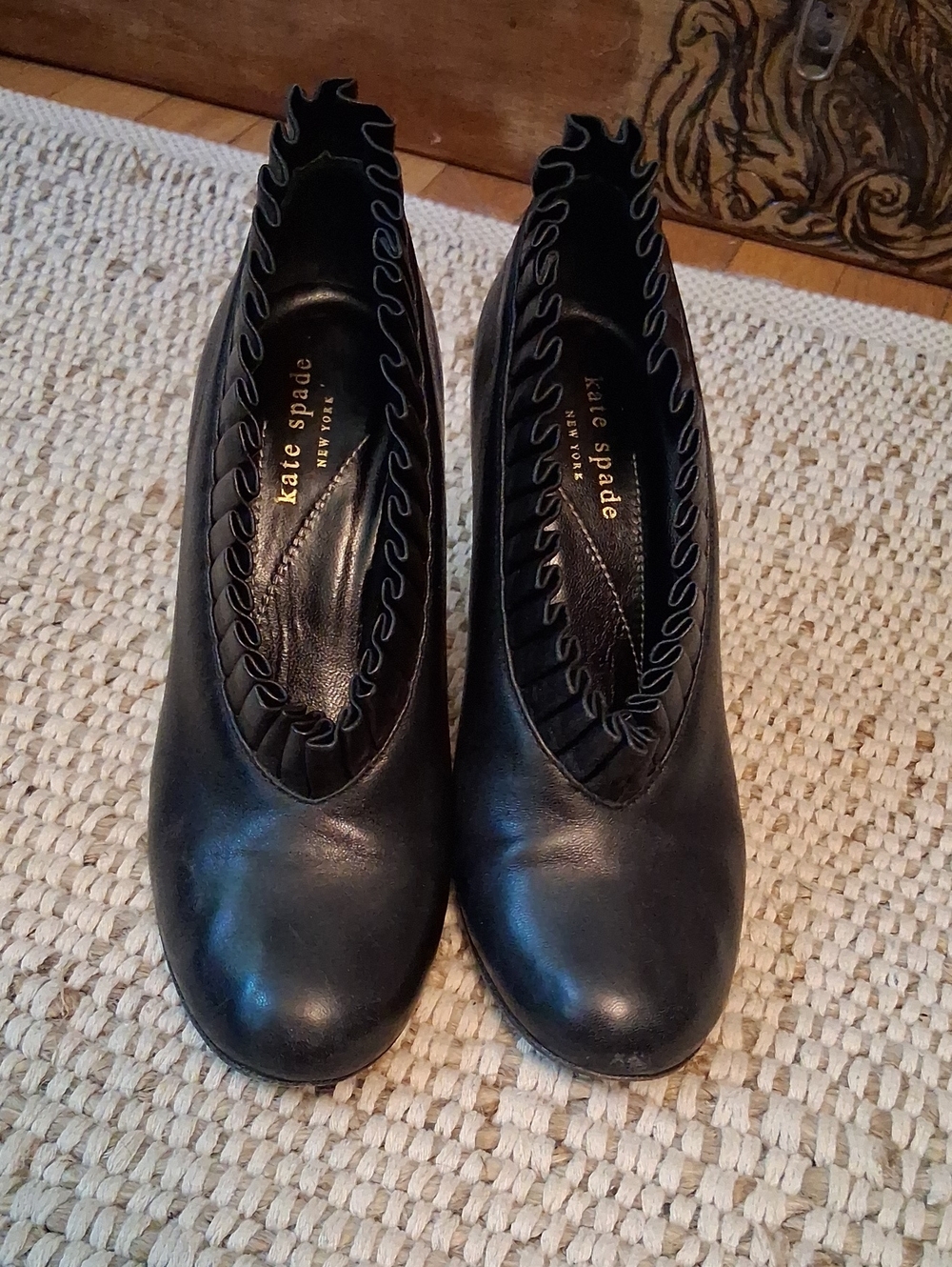 kate spade Black Leather Ruffle-Trim Pumps